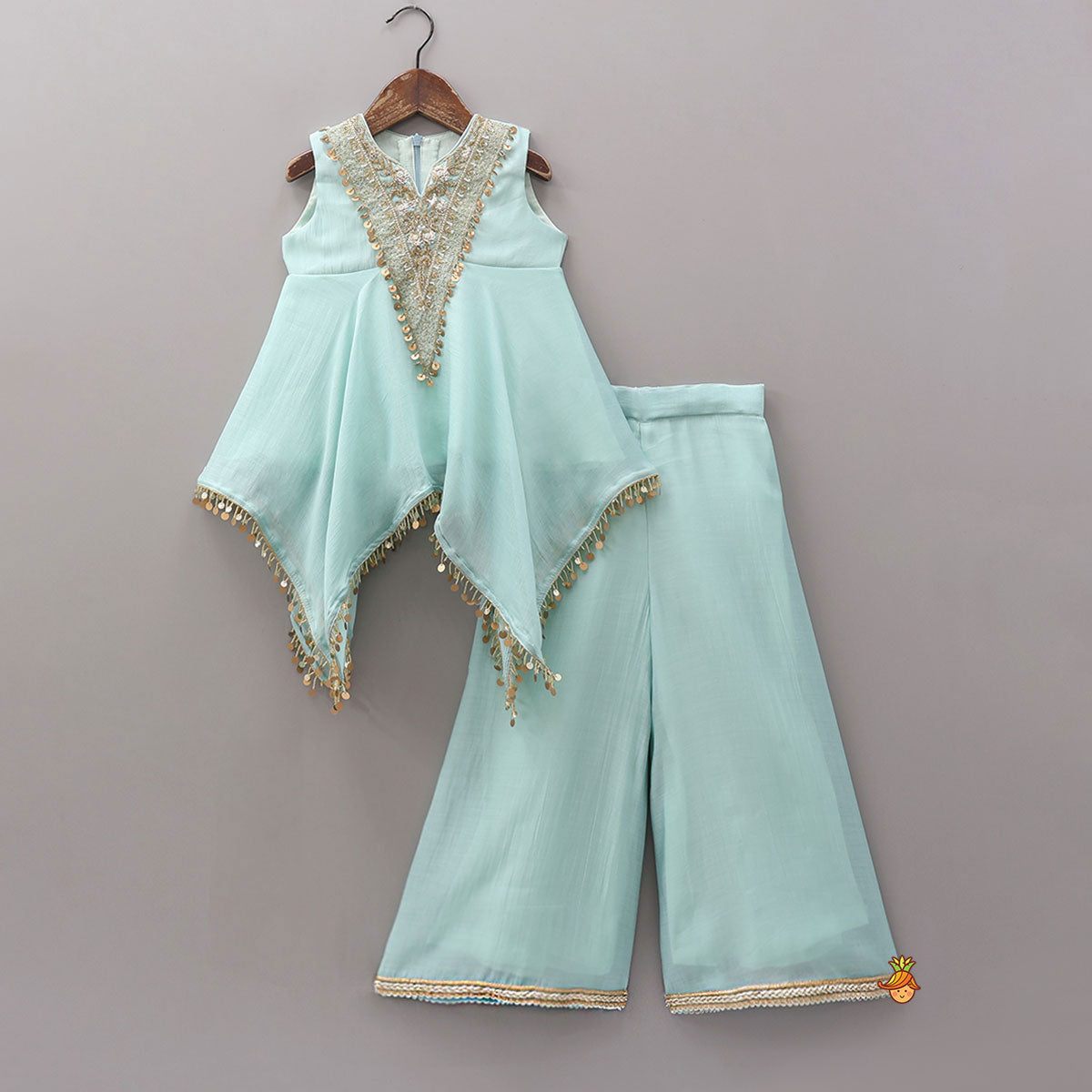 Stylish Embroidered Kaftan Style Kurti With Flared Palazzo