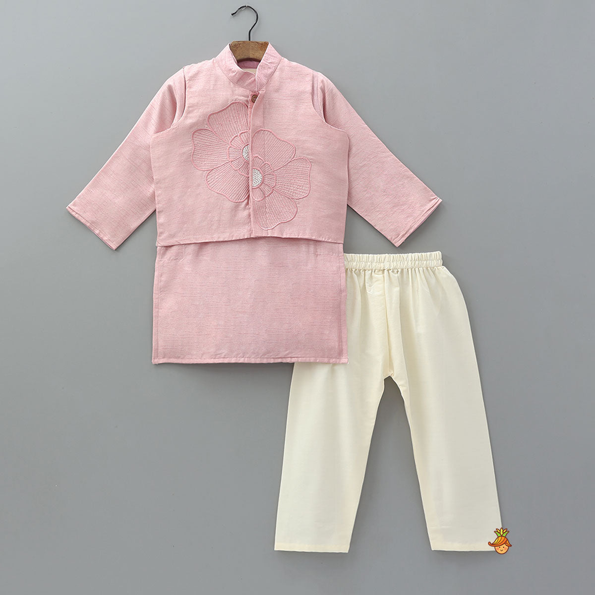 Elegant Silk Kurta With Floral Thread Embroidered Jacket And Pyjama