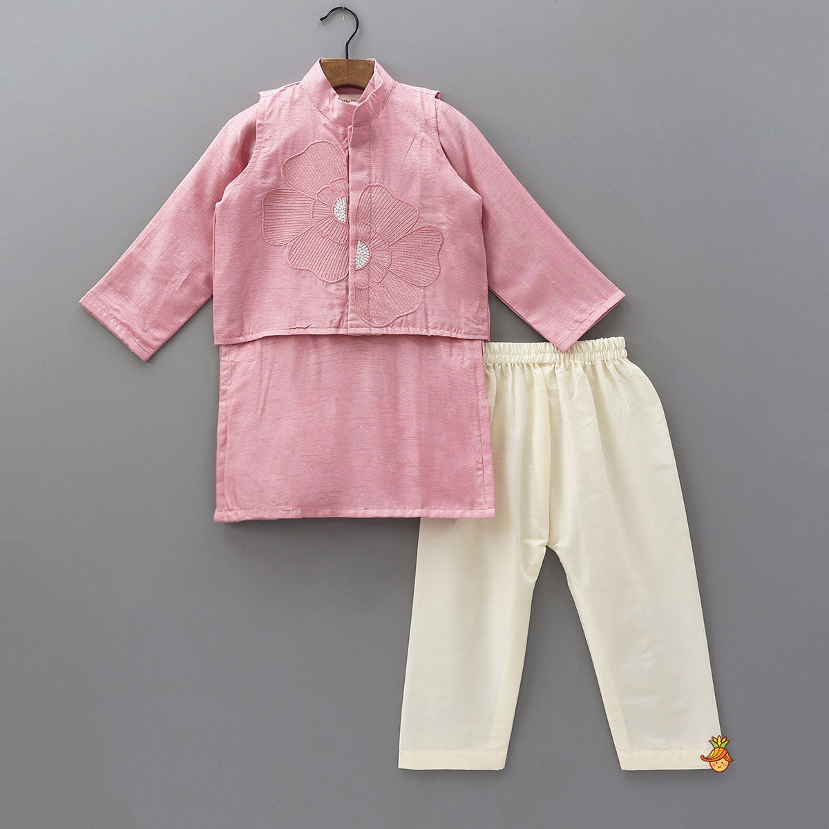Elegant Silk Kurta With Floral Thread Embroidered Jacket And Pyjama