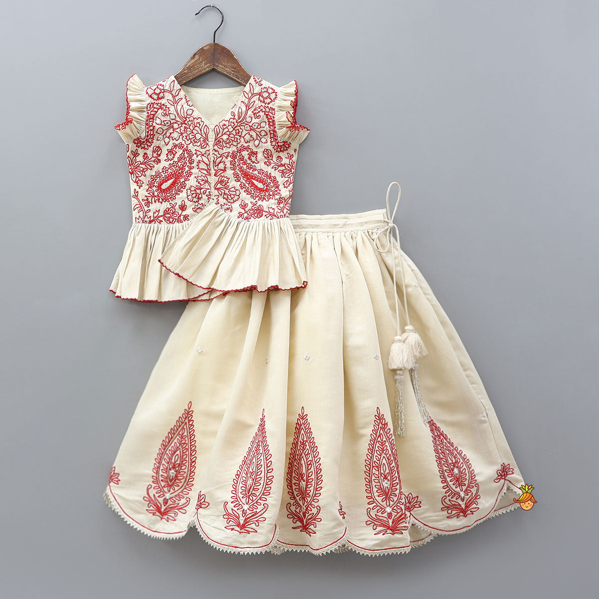 Hand Dori Embroidered Faux Mirror Detailed Peplum Top And Lehenga