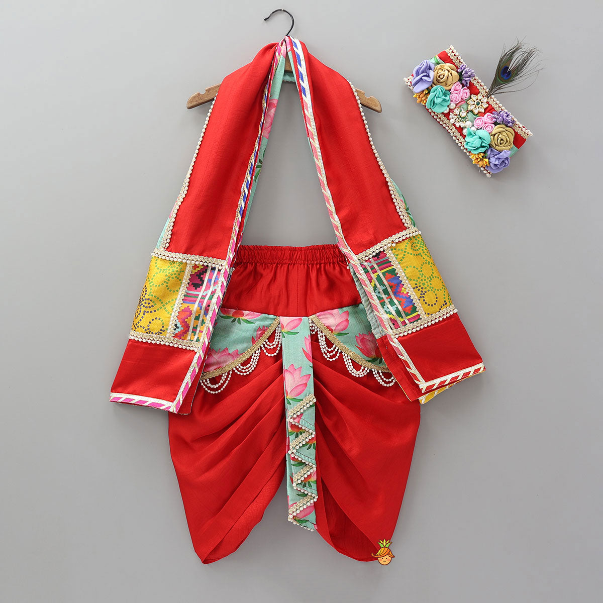 Festive Dhoti With Printed Shawl And Mor Pankh-Embellished Headband