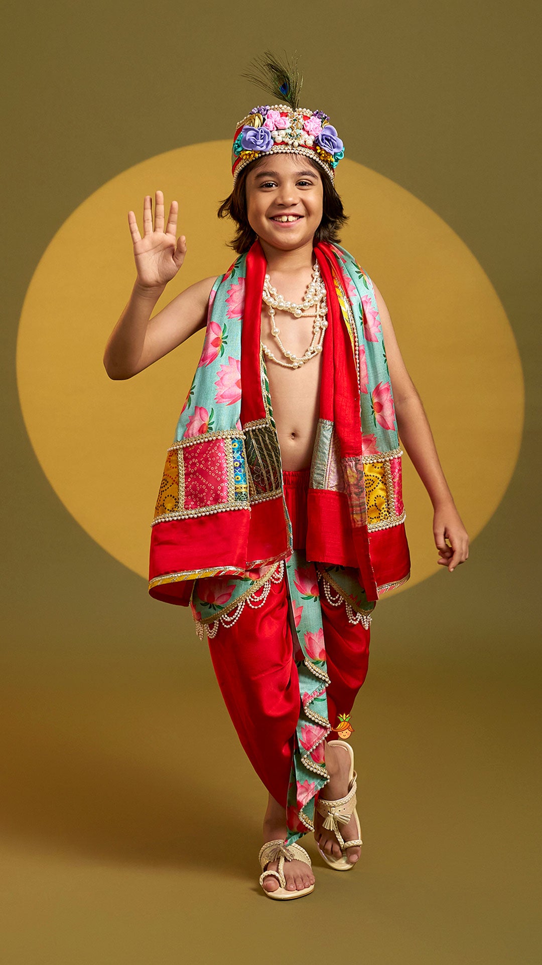 Festive Dhoti With Printed Shawl And Mor Pankh-Embellished Headband