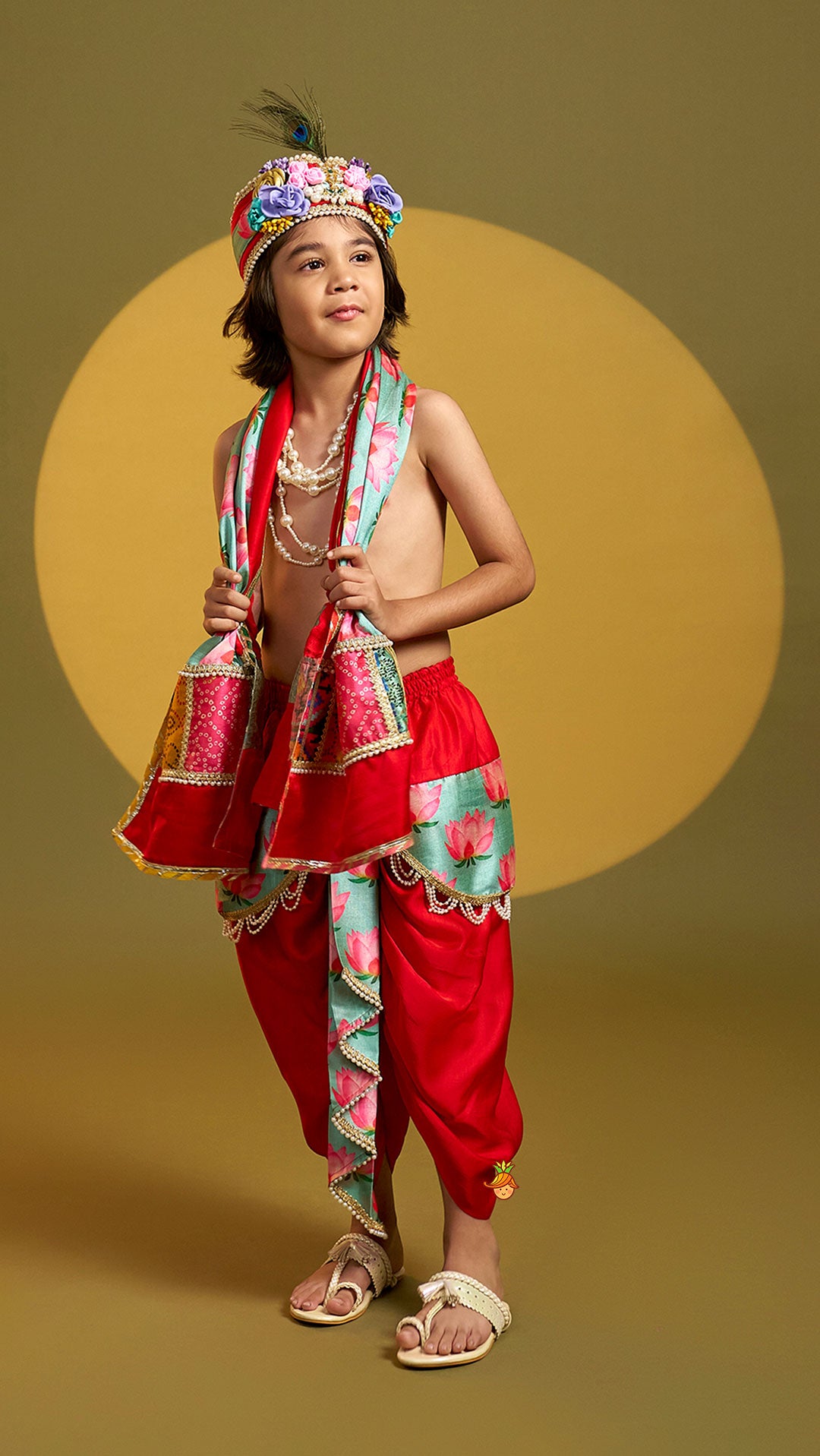 Festive Dhoti With Printed Shawl And Mor Pankh-Embellished Headband