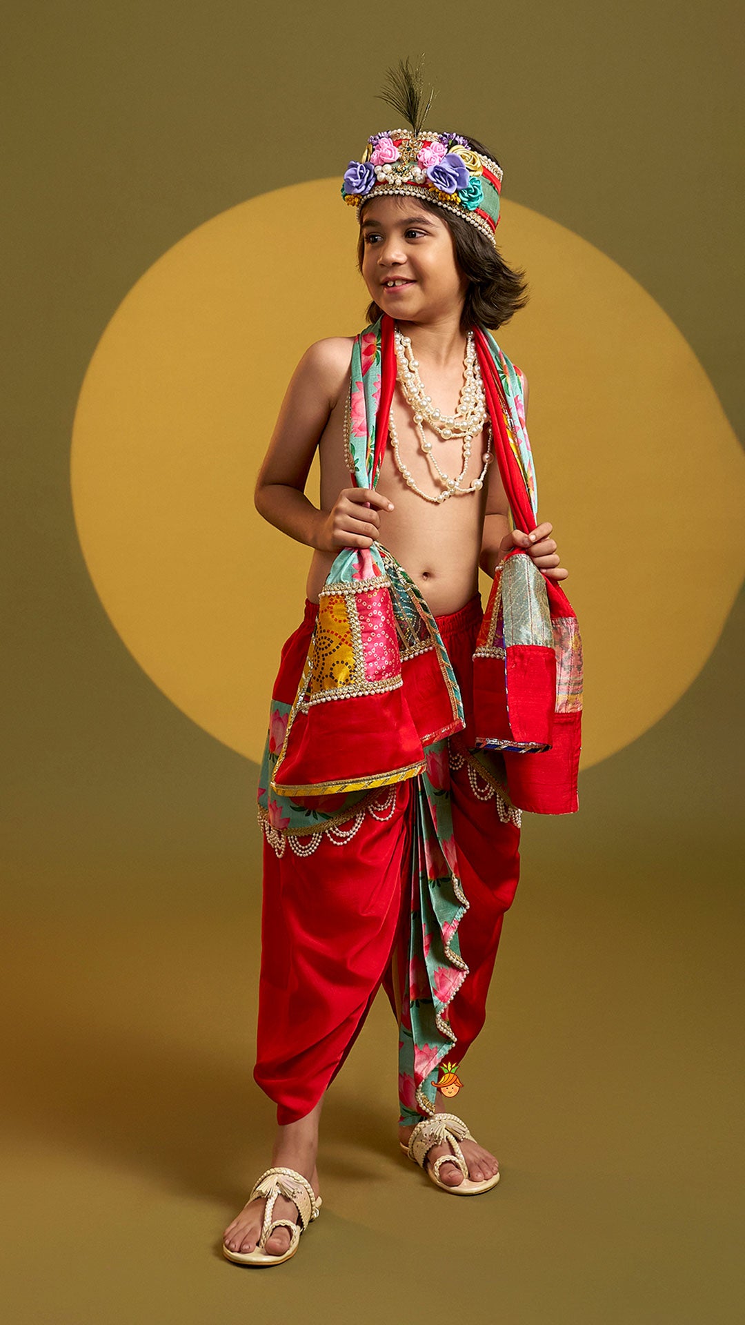Festive Dhoti With Printed Shawl And Mor Pankh-Embellished Headband