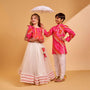 Crop Top And Ruffle Hem Lehenga With Net Dupatta And Sling Bag twinning model image 1