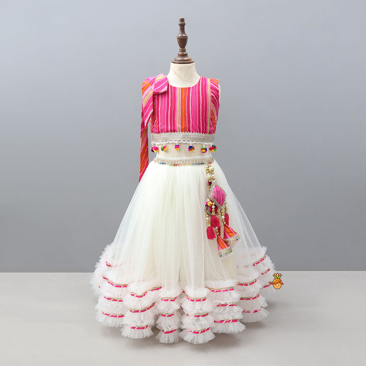 Crop Top And Ruffle Hem Lehenga With Net Dupatta And Sling Bag