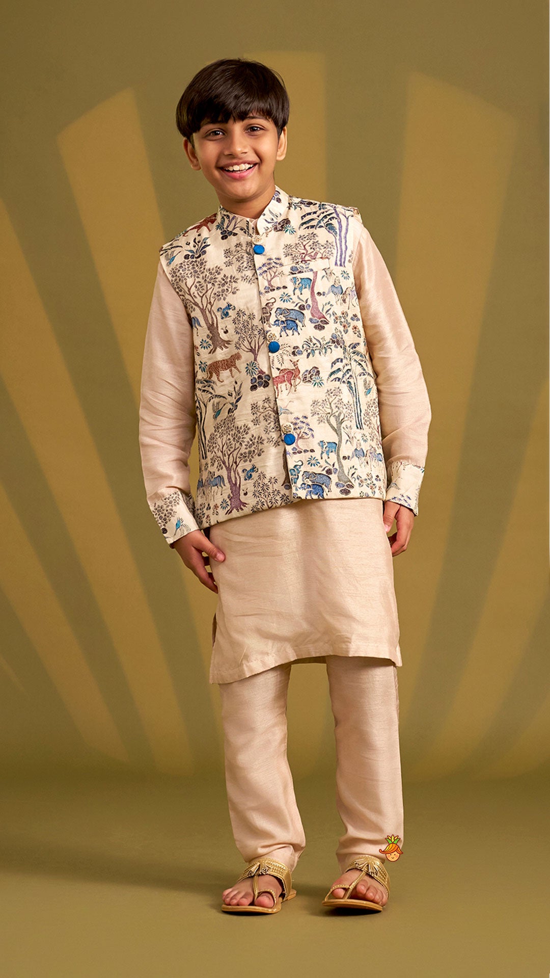 Ethnic Kurta With Animal Motif Jacket And Pyjama