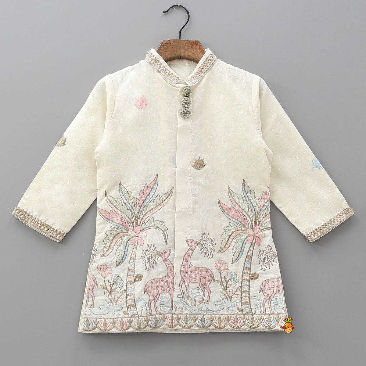 Jungle Inspired Embroidered Open Kurta And Pyjama