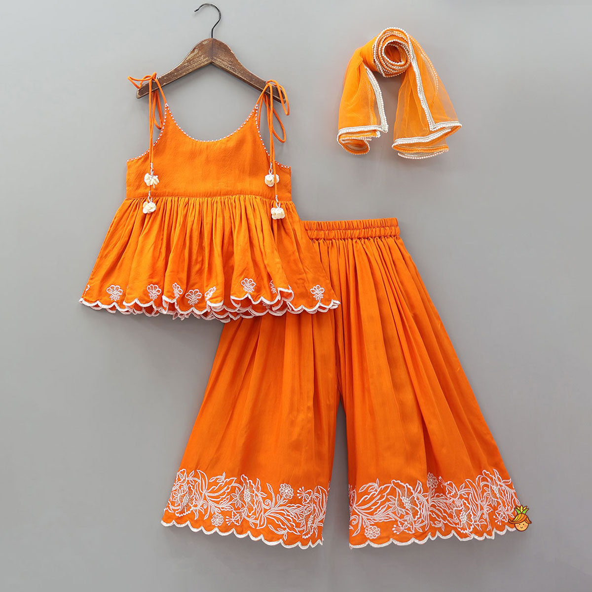 Thread Embroidered Scalloped Top And Palazzo With Dupatta