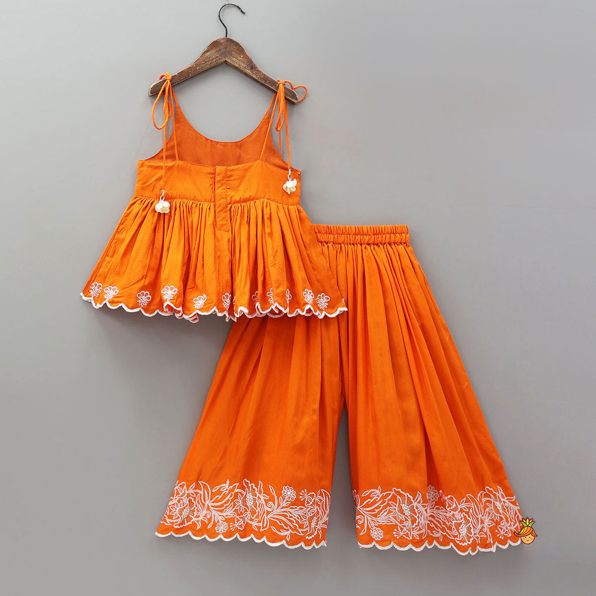 Thread Embroidered Scalloped Top And Palazzo With Dupatta