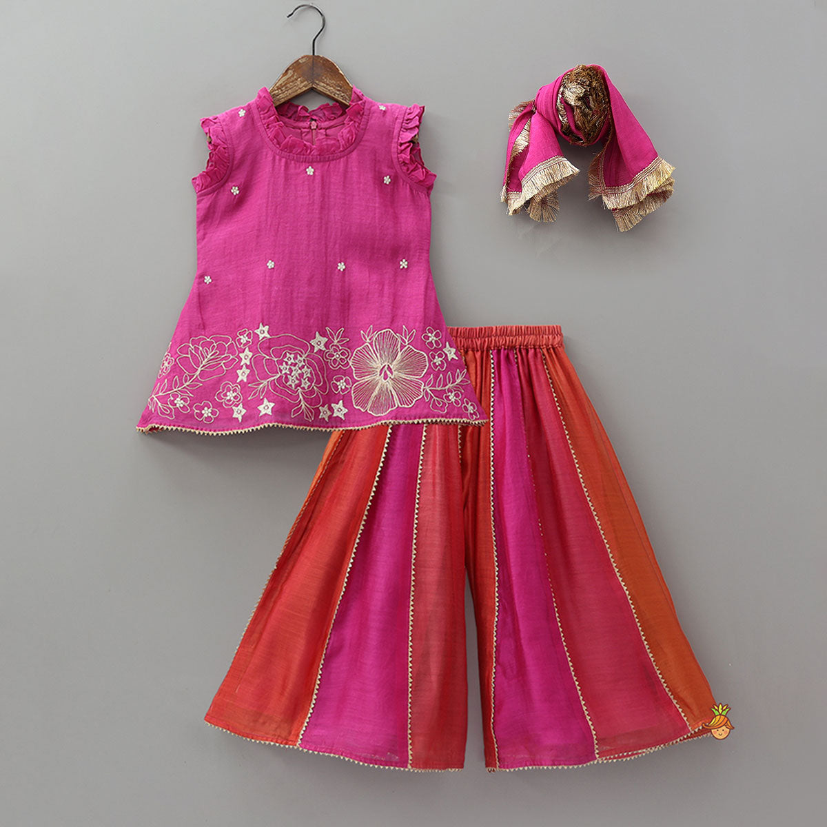 Embroidered Kurti And Palazzo With Fringed Lace Detail Dupatta