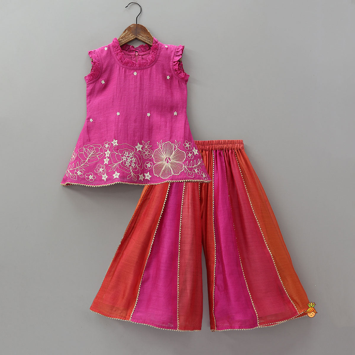 Embroidered Kurti And Palazzo With Fringed Lace Detail Dupatta