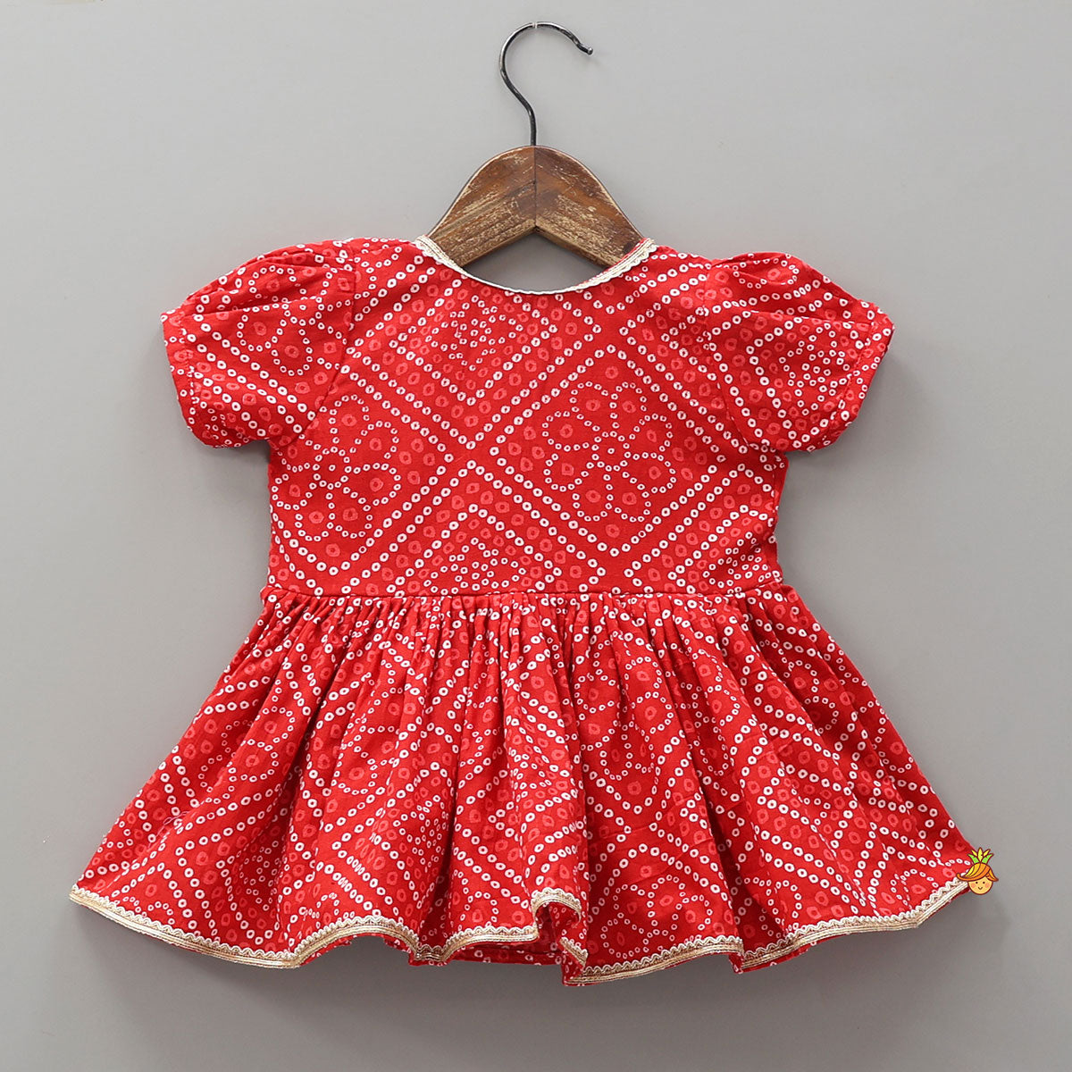 Bandhani Printed Angarkha Style Kurti With Cap Mittens And Booties