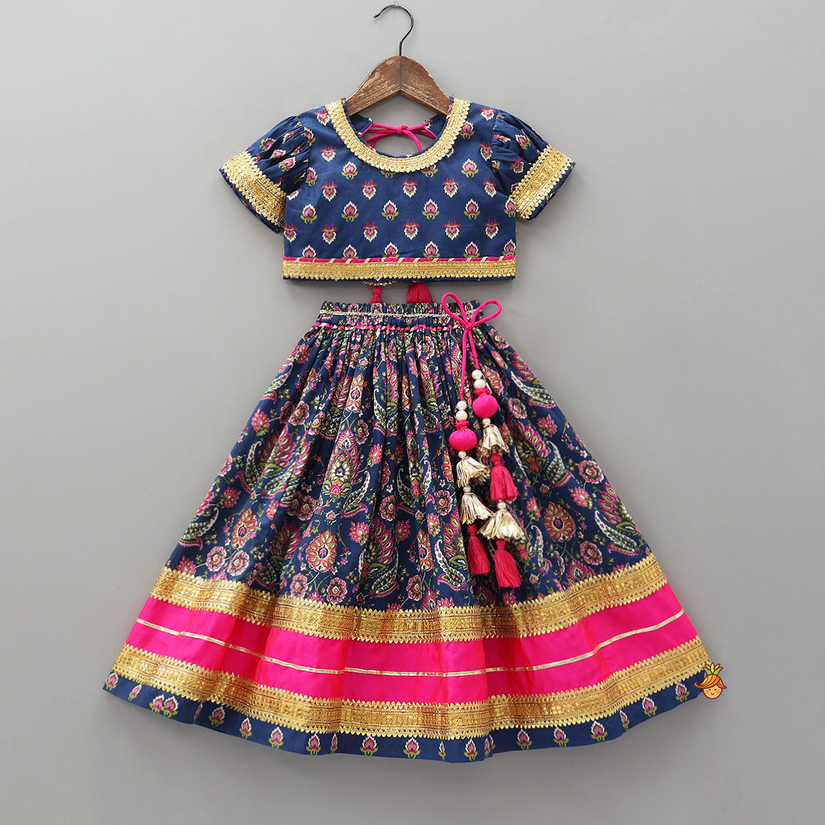Gota Lace Work Printed Crop Top And Contrasting Hem Lehenga With Matching Dupatta