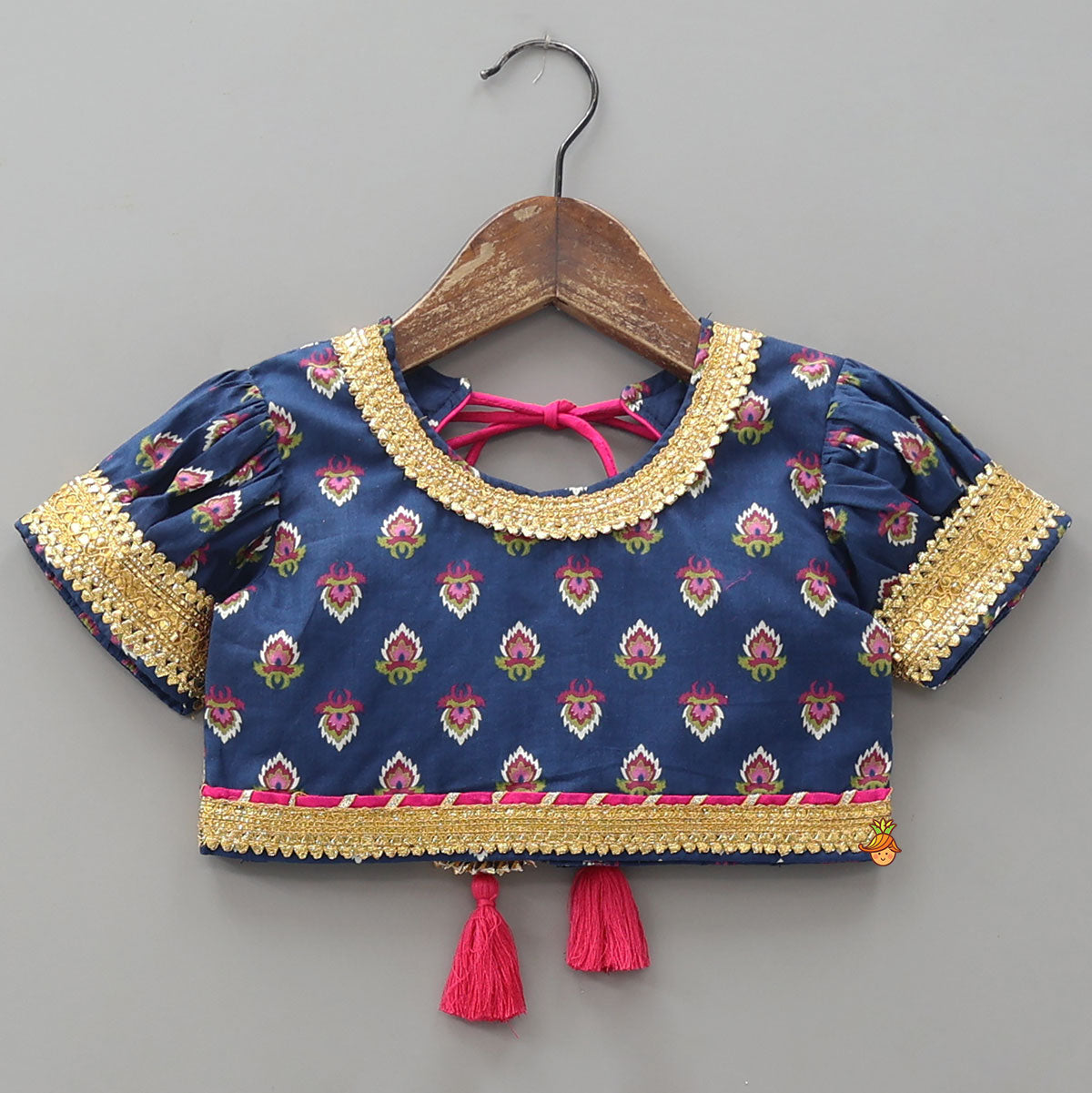Gota Lace Work Printed Crop Top And Contrasting Hem Lehenga With Matching Dupatta