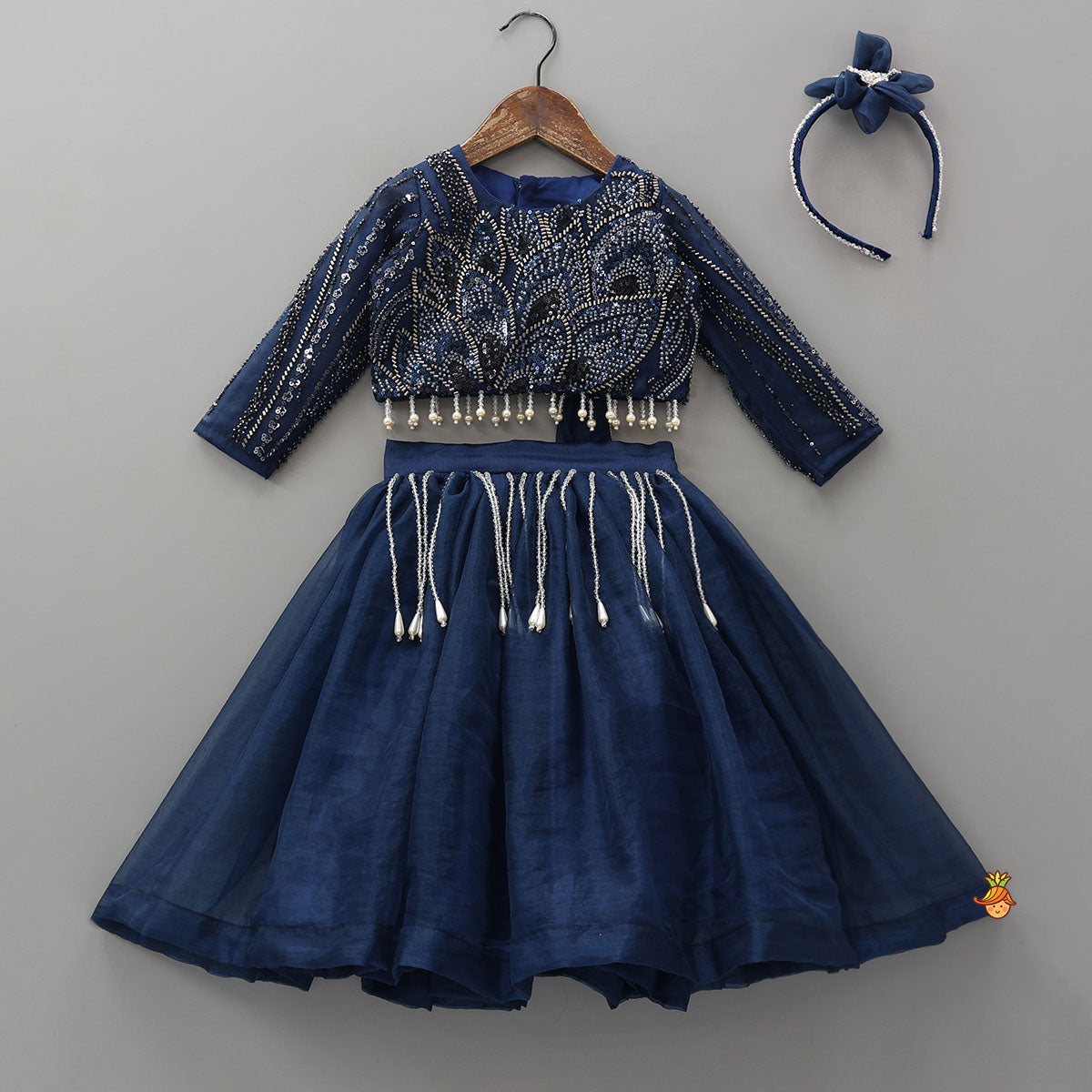 Heavy Embroidered Drape Crop Top And Lehenga With Matching Hair Band
