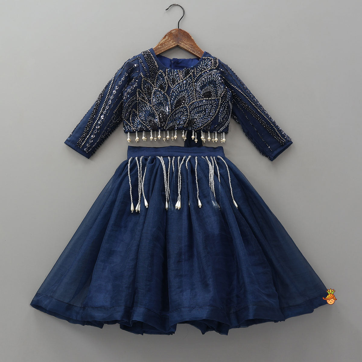 Heavy Embroidered Drape Crop Top And Lehenga With Matching Hair Band