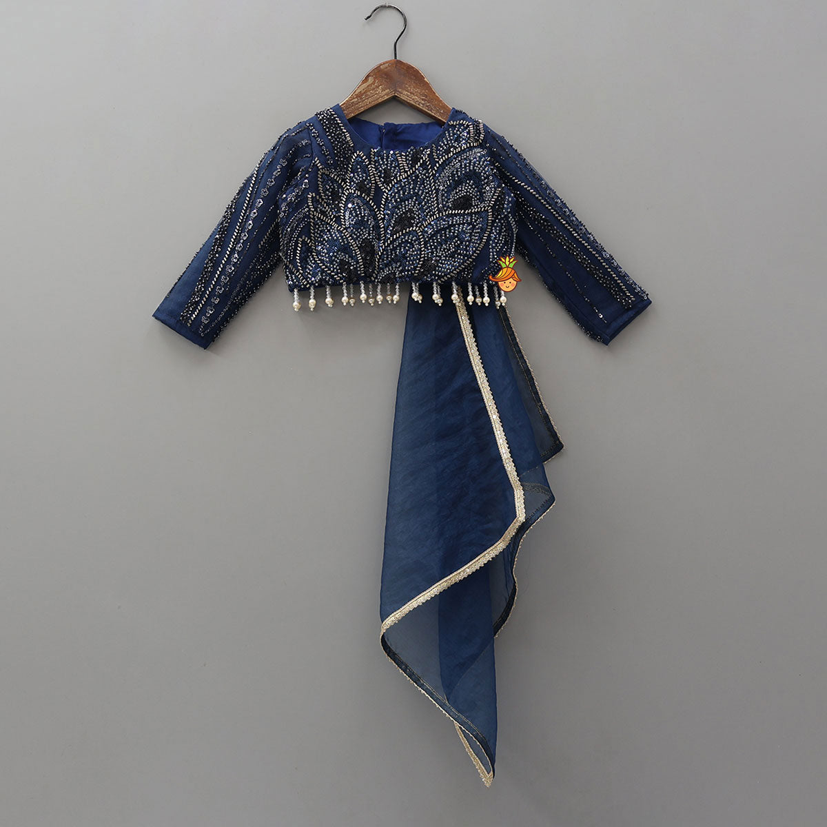 Heavy Embroidered Drape Crop Top And Lehenga With Matching Hair Band