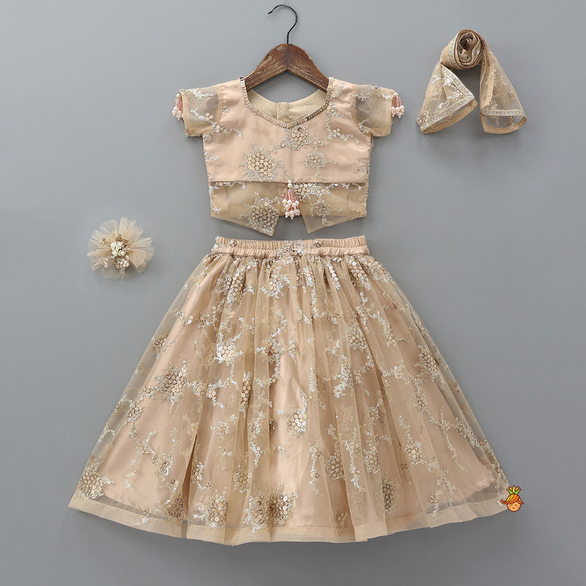 Stylish Front-Cut Crop Top With Lehenga And Dupatta With Hair Clip