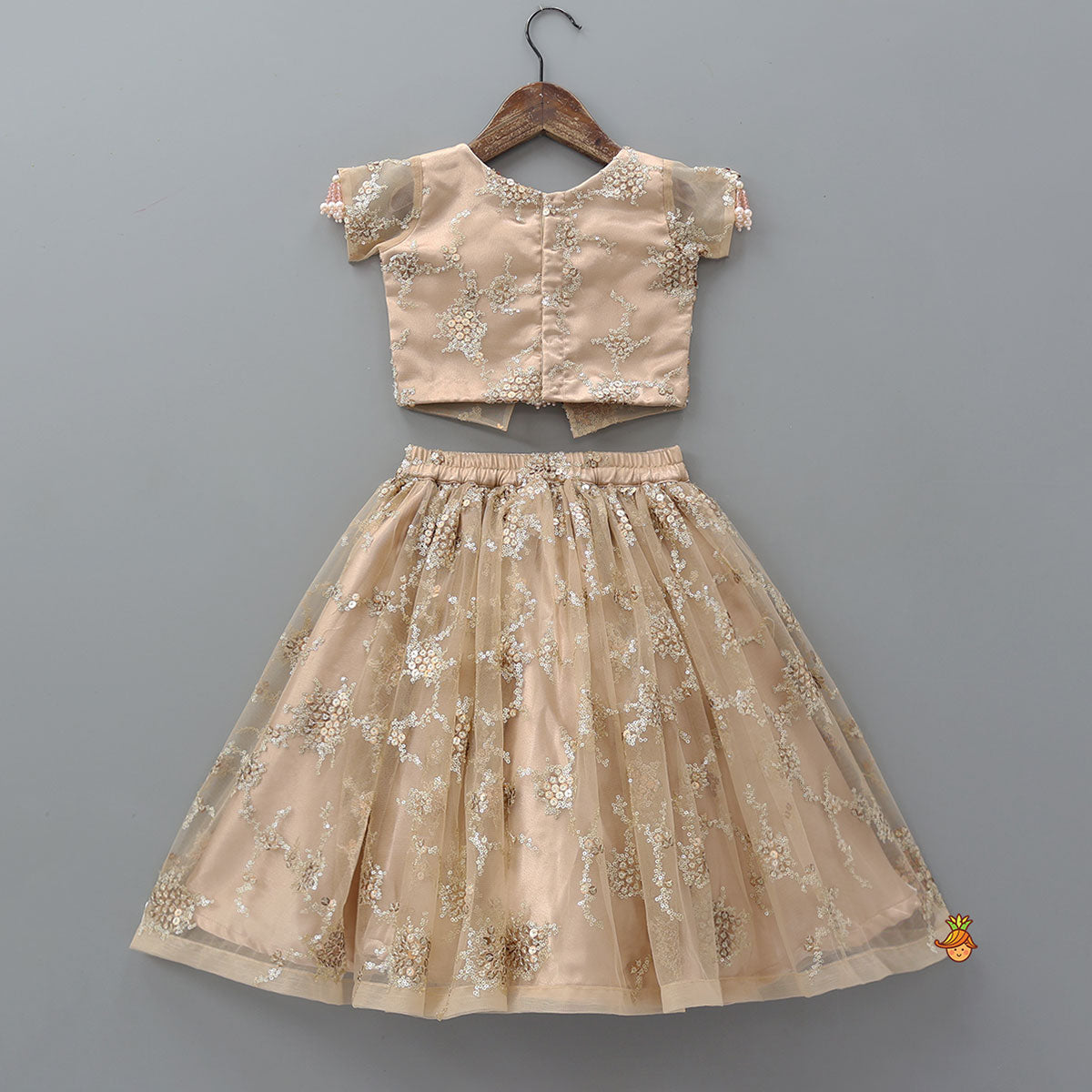 Stylish Front-Cut Crop Top With Lehenga And Dupatta With Hair Clip