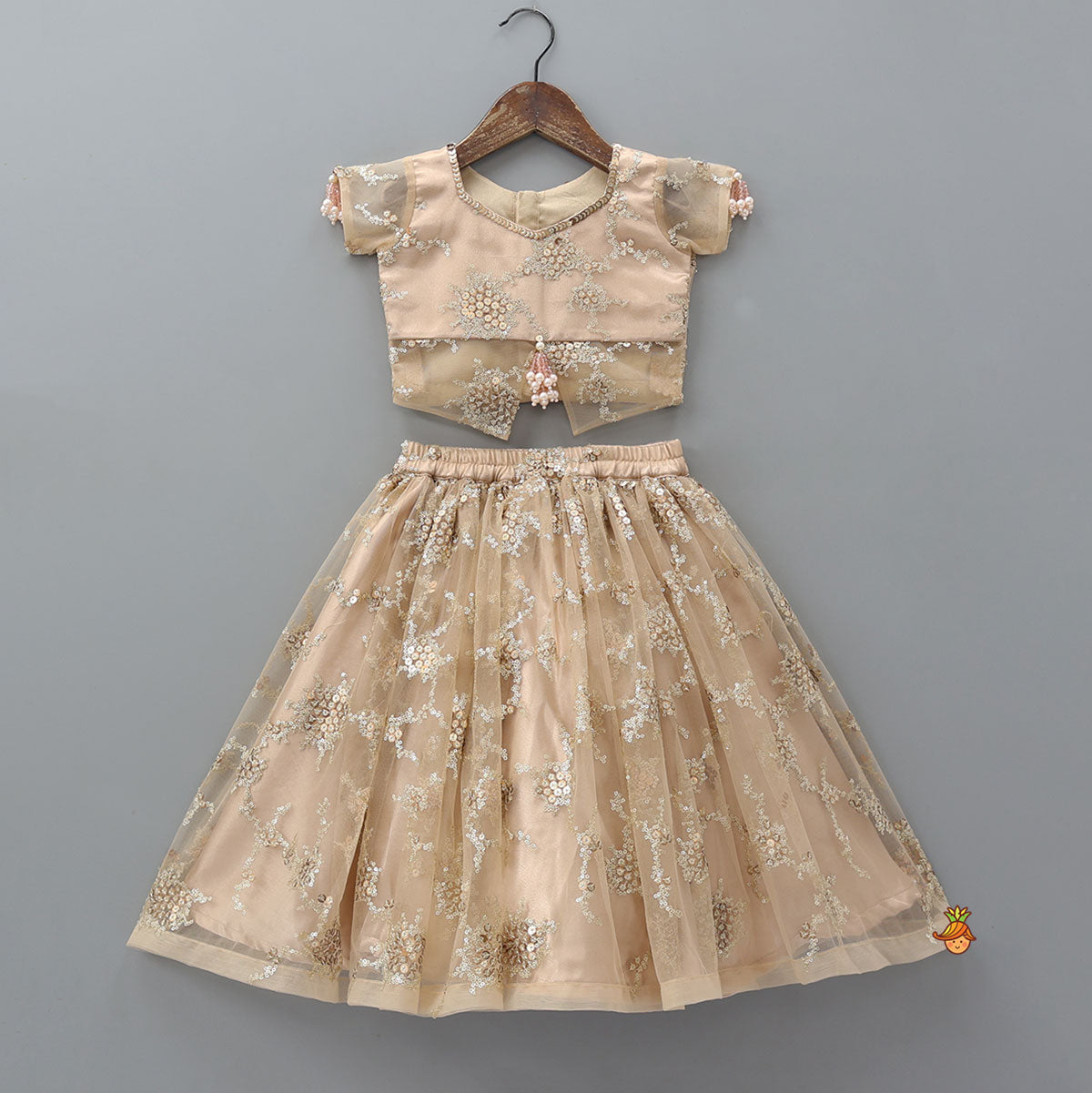Stylish Front-Cut Crop Top With Lehenga And Dupatta With Hair Clip
