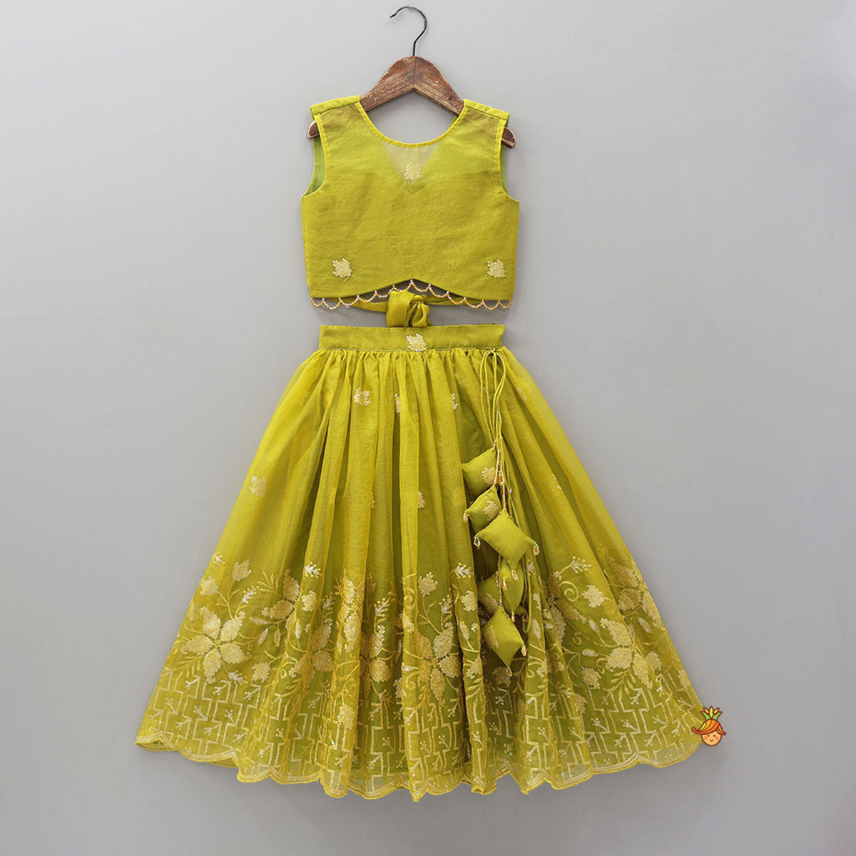 Organza Top And Lehenga With Handmade Tassel Detailing