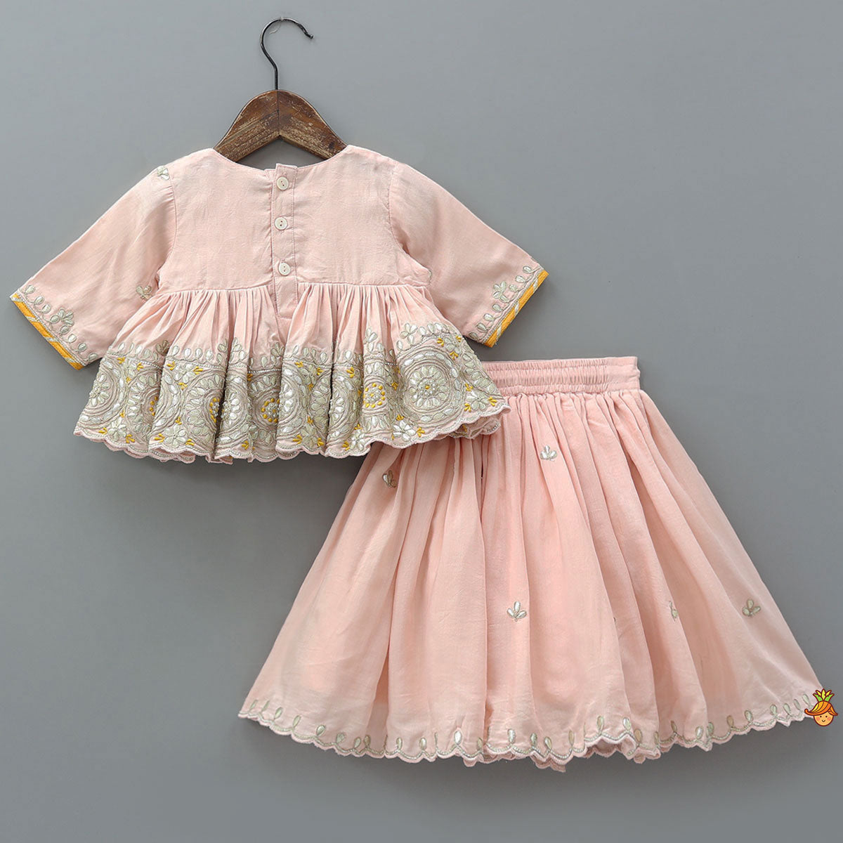 Elegant Hand Embroidered Gota Work Jamna Set With Matching Booties And Headband