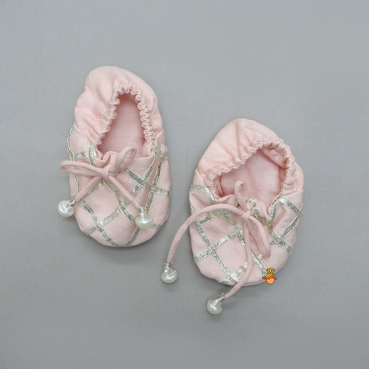 Elegant Hand Embroidered Gota Work Jamna Set With Matching Booties And Headband