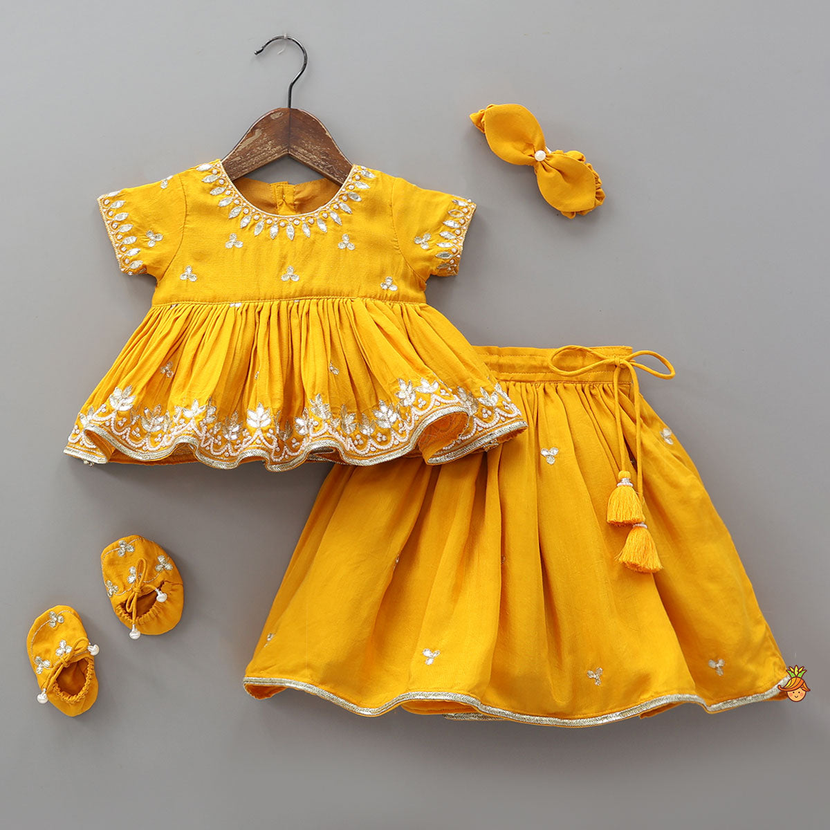 Hand Embroidered Gota Work Jamna Set With Matching Booties And Headband