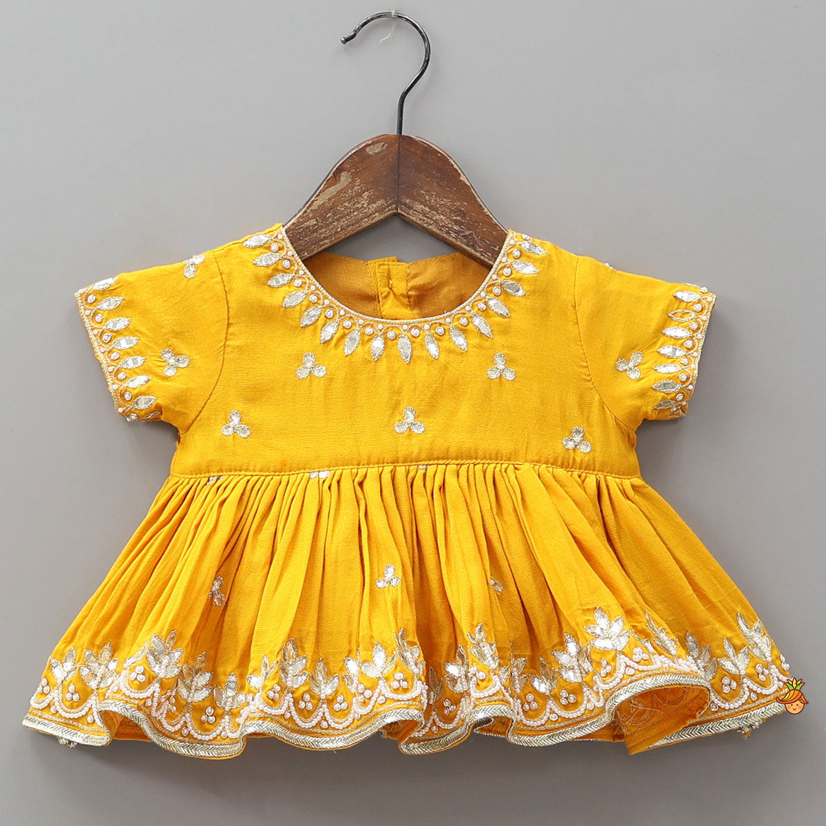 Hand Embroidered Gota Work Jamna Set With Matching Booties And Headband