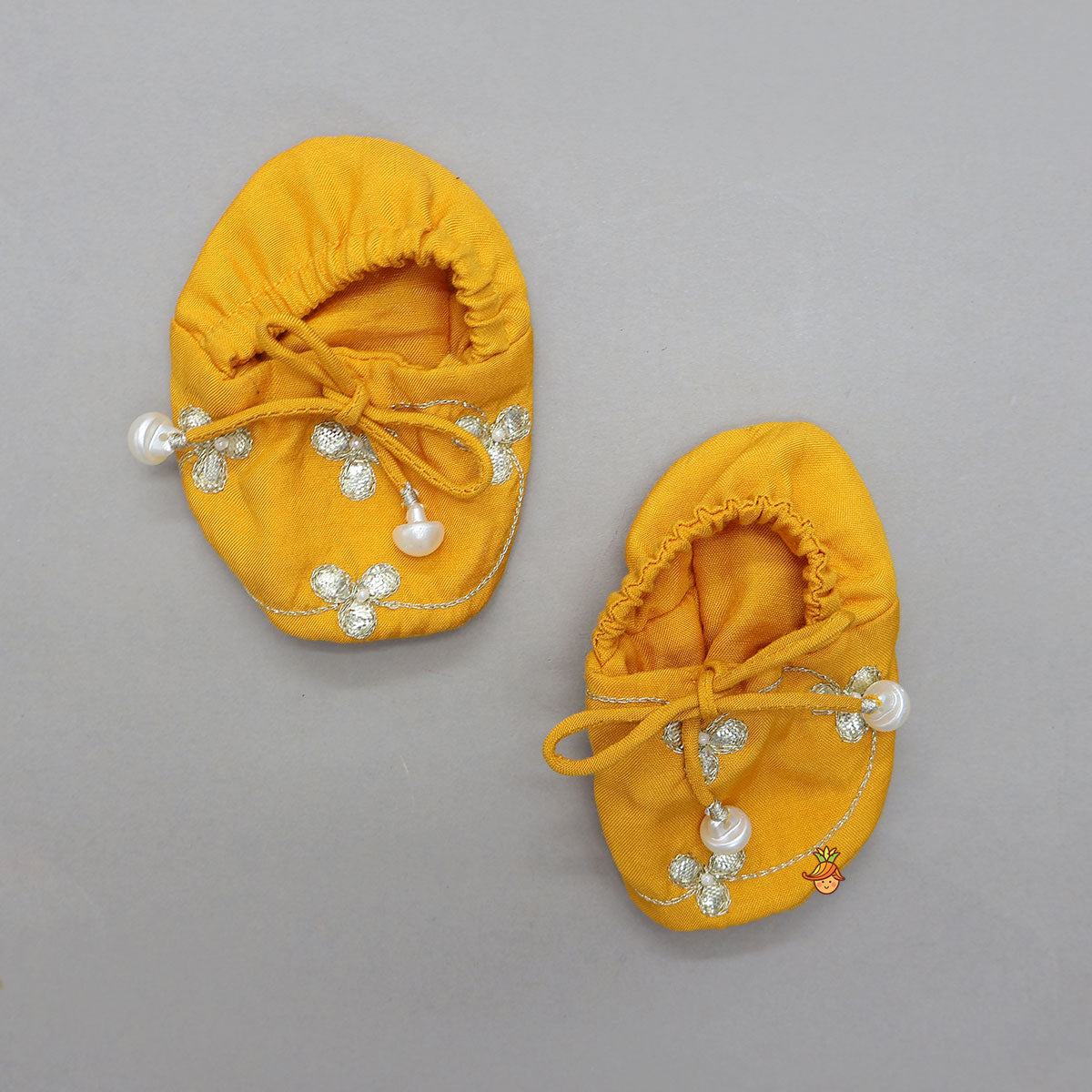 Hand Embroidered Gota Work Jamna Set With Matching Booties And Headband