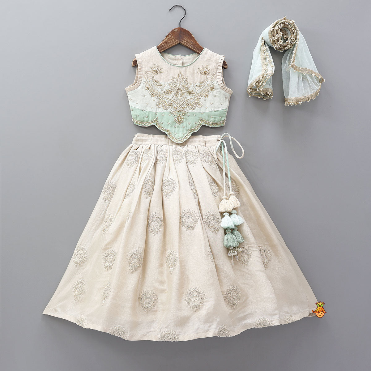 Hand Embroidered Pleated Armhole Top And Lehenga With Net Dupatta