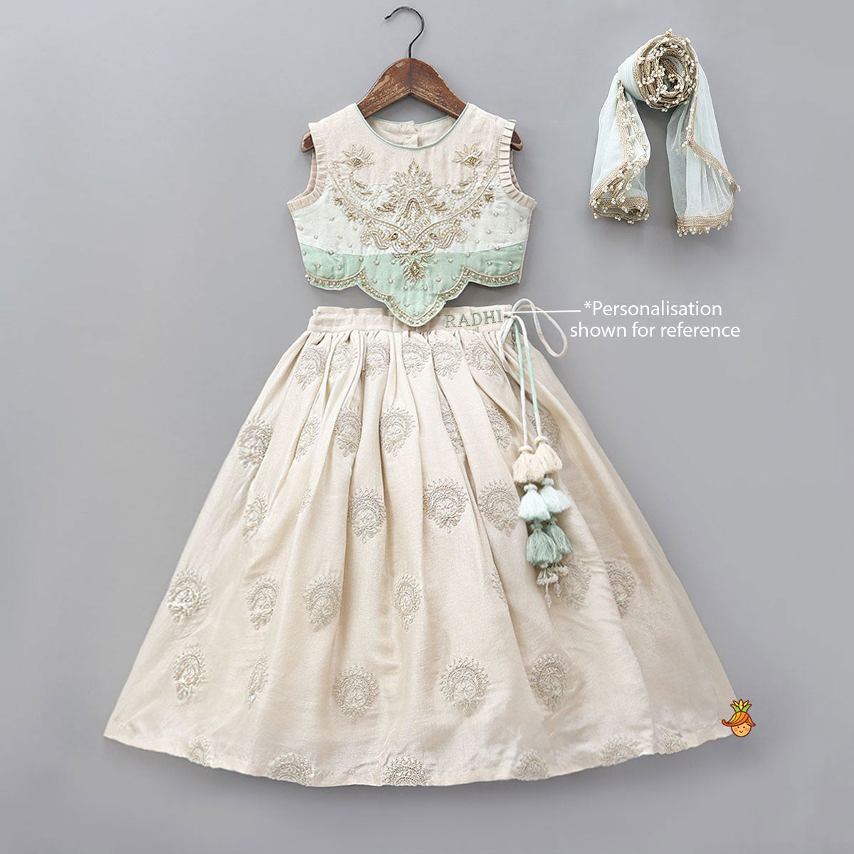 Hand Embroidered Pleated Armhole Top And Lehenga With Net Dupatta