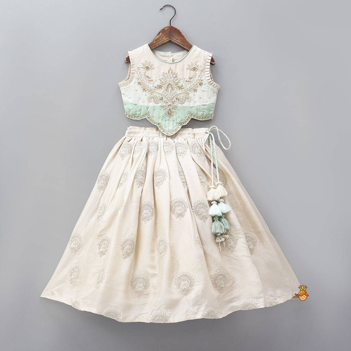 Hand Embroidered Pleated Armhole Top And Lehenga With Net Dupatta