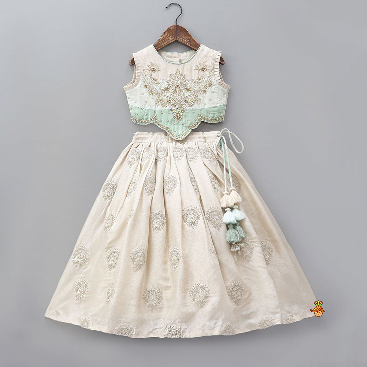 Hand Embroidered Pleated Armhole Top And Lehenga With Net Dupatta
