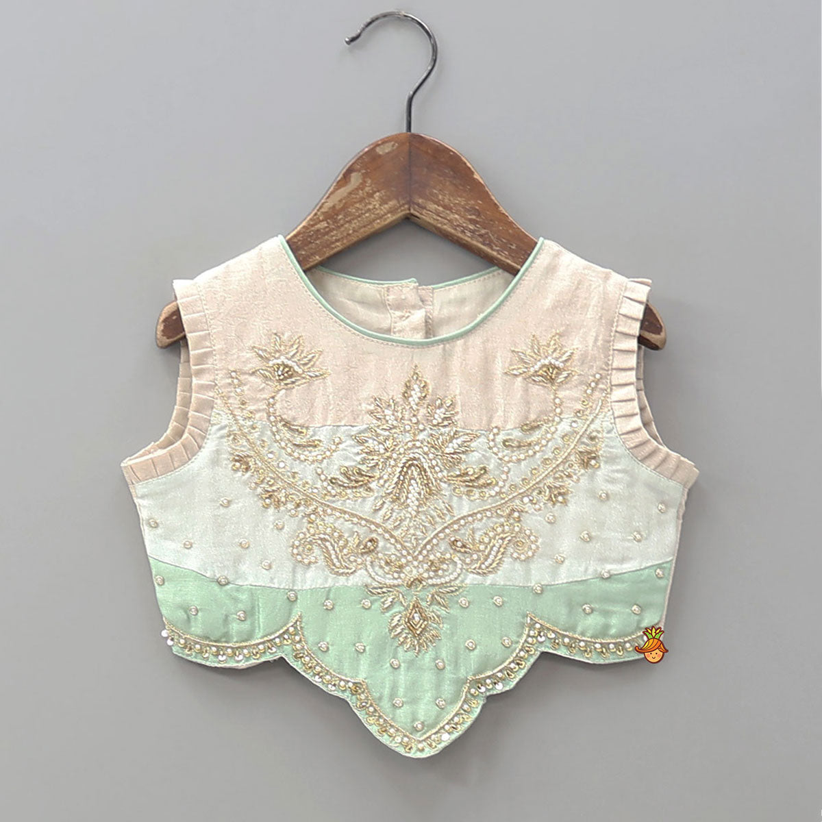 Hand Embroidered Pleated Armhole Top And Lehenga With Net Dupatta