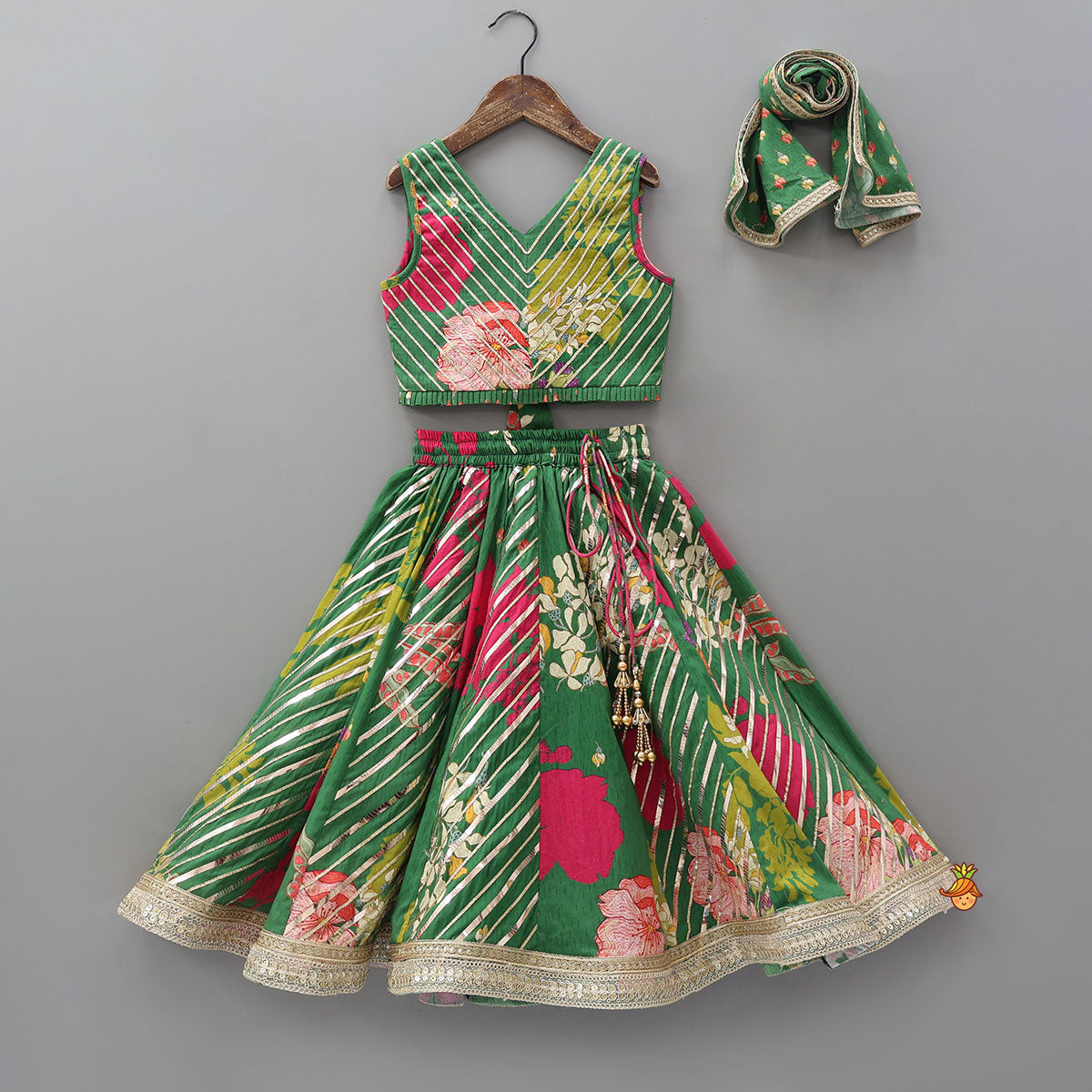 Floral Printed Lace Detailed Top And Lehenga With Dupatta