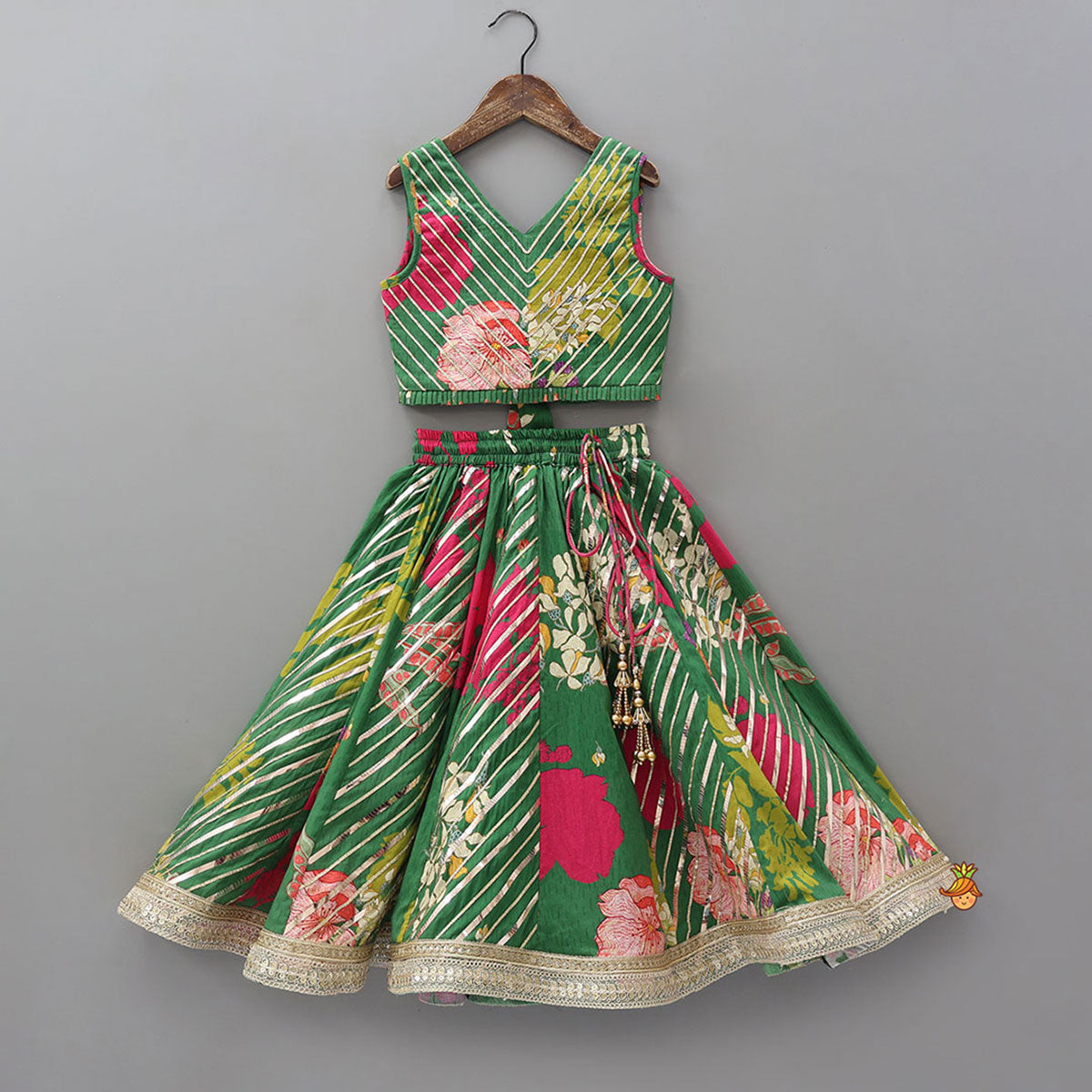 Floral Printed Lace Detailed Top And Lehenga With Dupatta