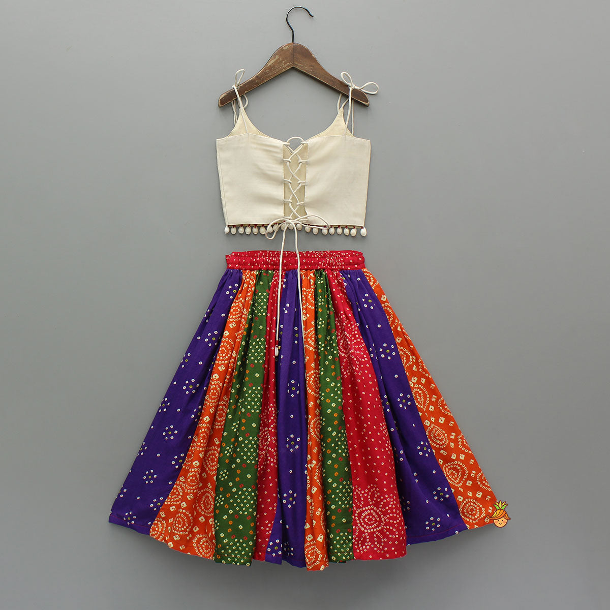 Teen Beautiful Hand Embroidered Tie-up Top With Multicolour Bandhani Printed Lehenga And Bandana