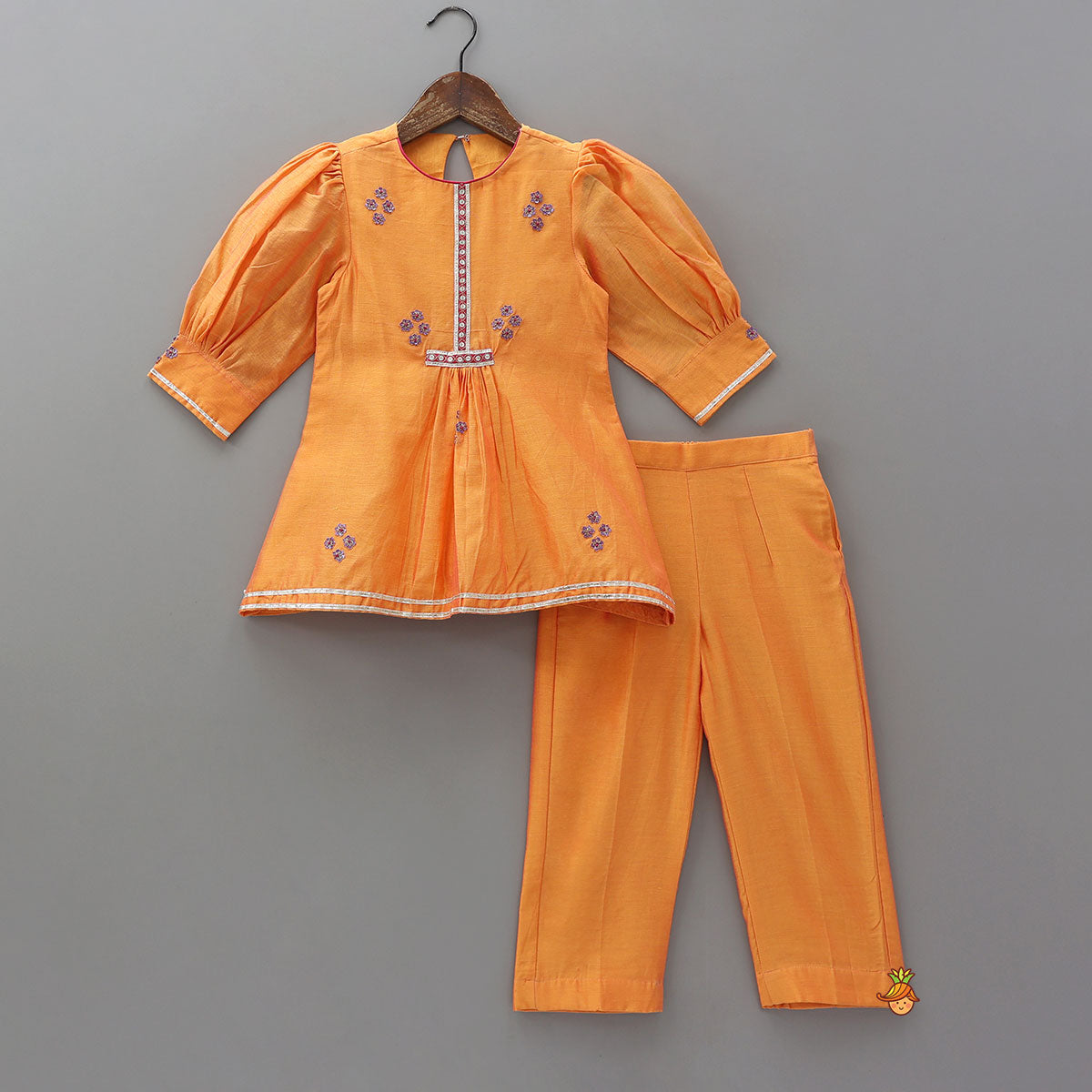 Floral Embroidered Gathered Kurti With Pants
