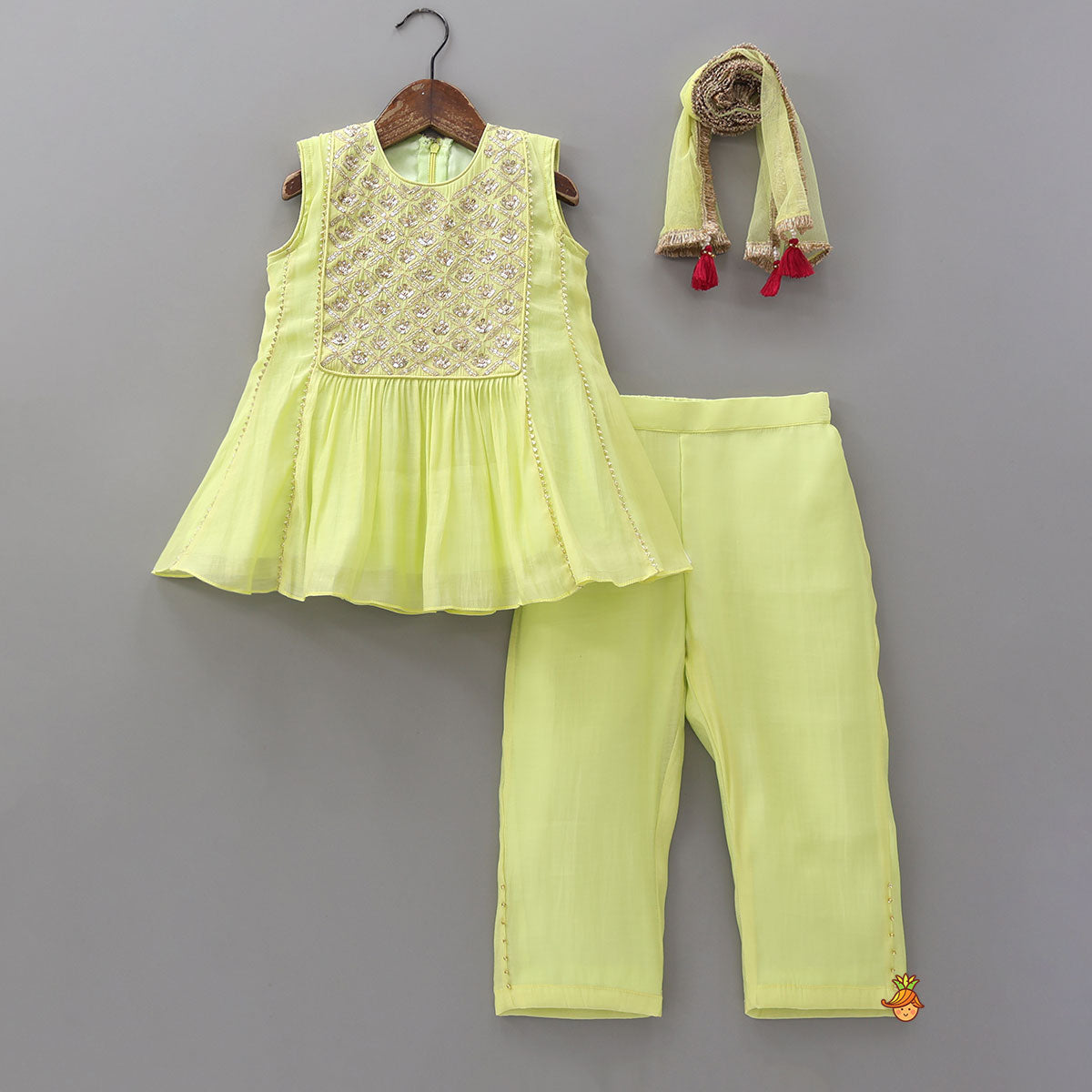 Embroidered Yoke Kurti And Pant With Matching Dupatta