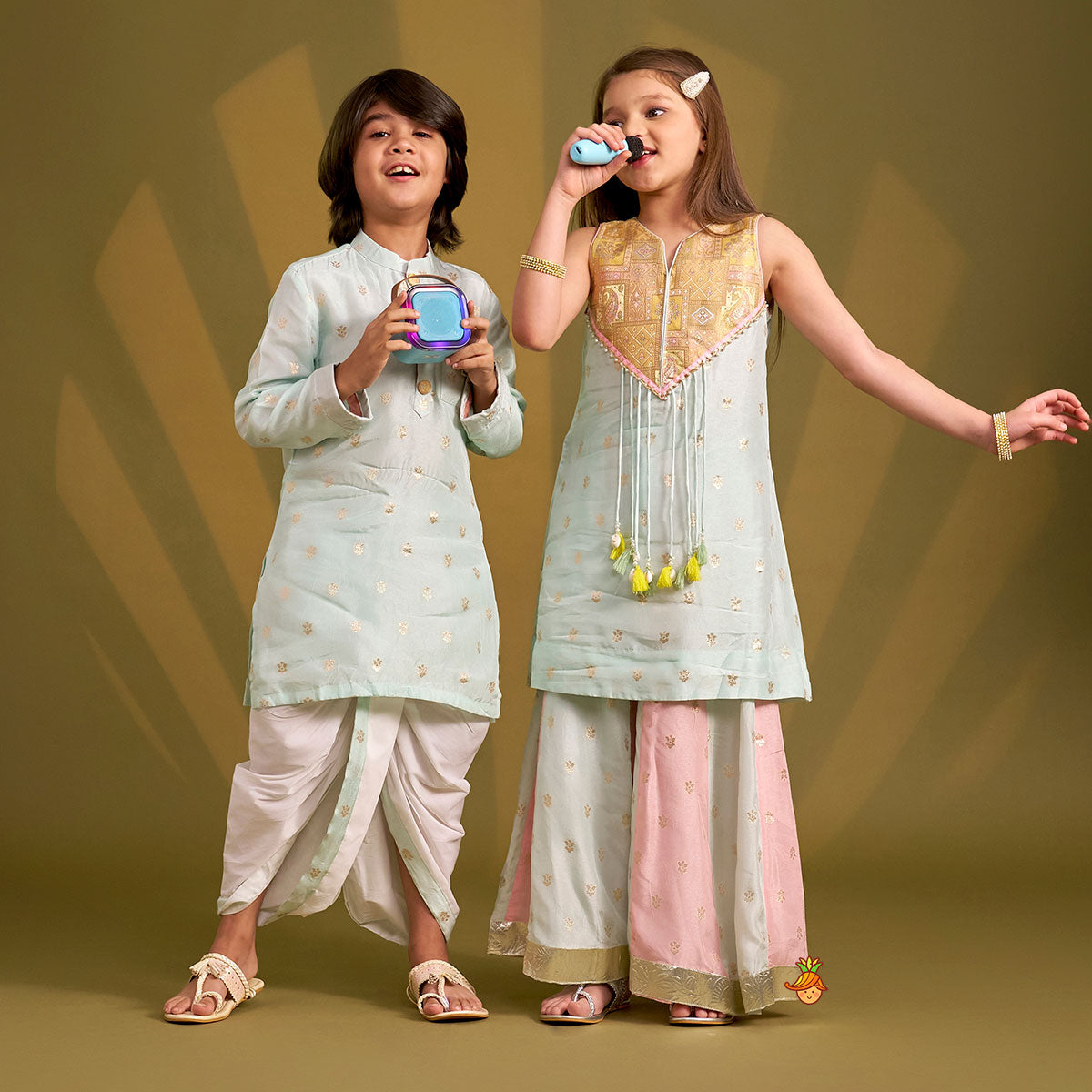 Booti Work Ethnic Kurta And Dhoti twinning model image 2