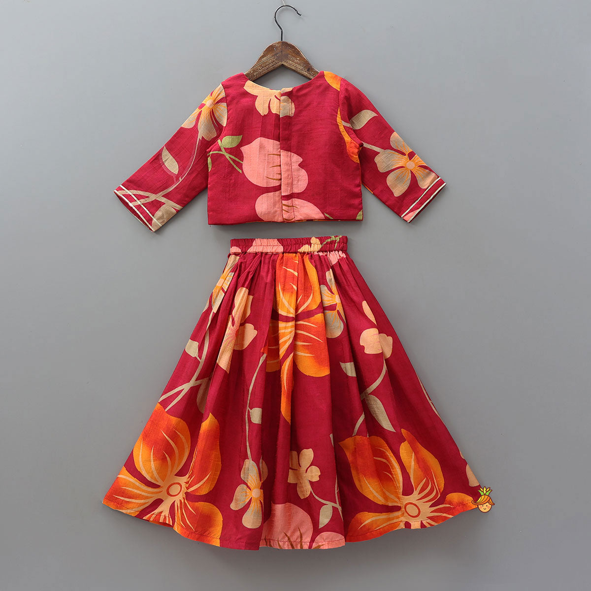 Pleated Yoke Floral Printed Elegant Top And Lehenga With Net Dupatta