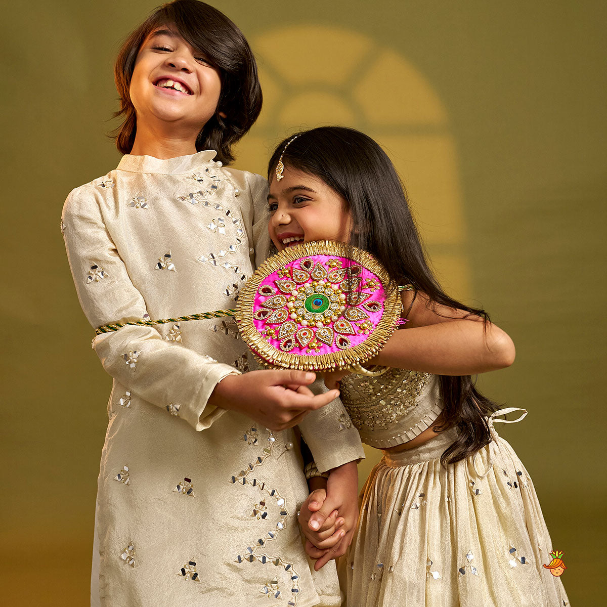 Faux Mirror Work Shimmery Kurta And Pyjama twinning model image 3