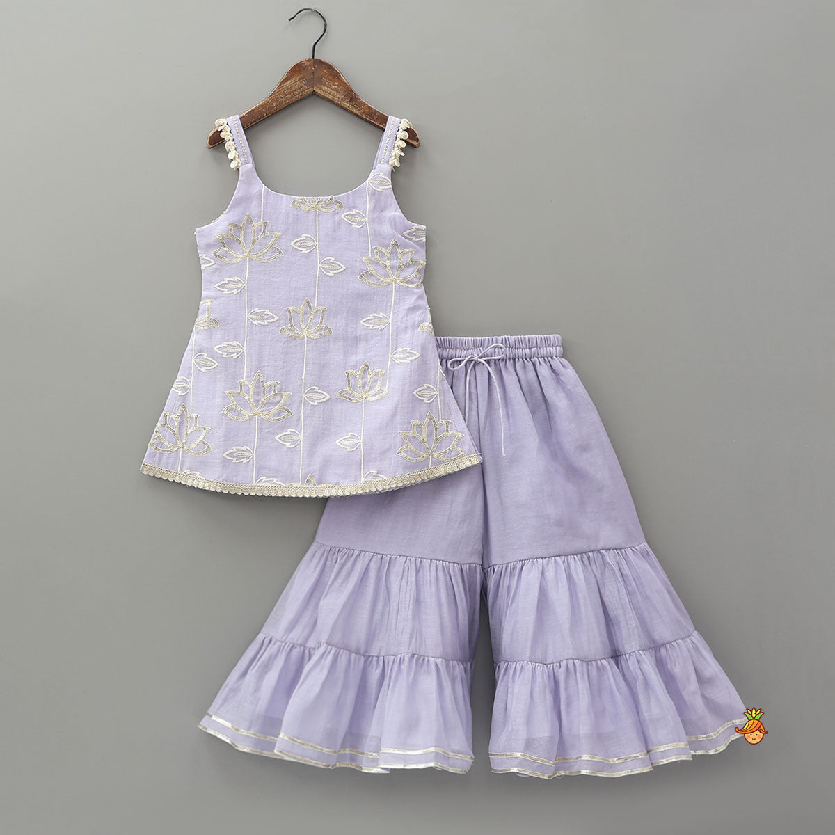 Elegant Lotus-Embroidered Strappy Kurti With Sharara