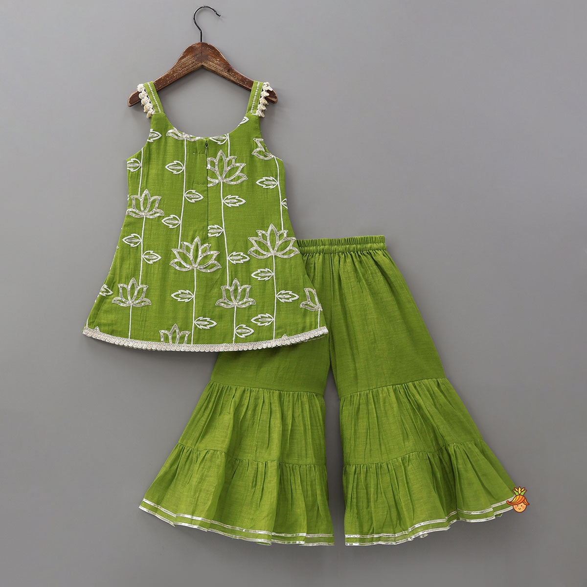 Lotus-Embroidered Strappy Kurti With Sharara