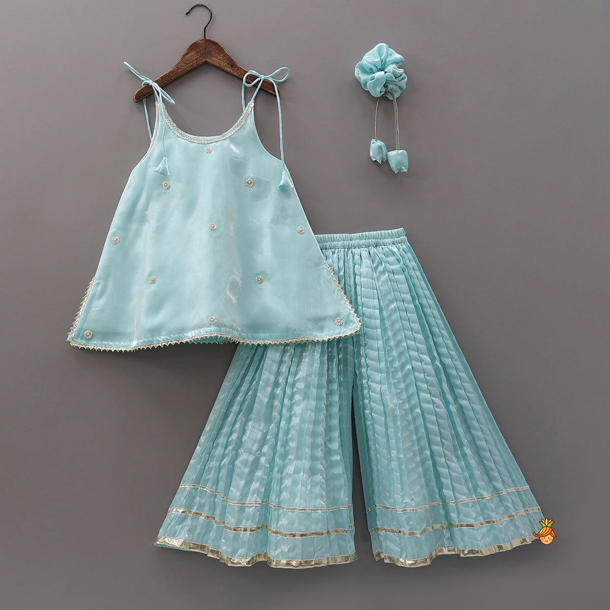 Sleeveless Sheen Elegant Kurti And Crushed Fabric Palazzo With Hair Tie