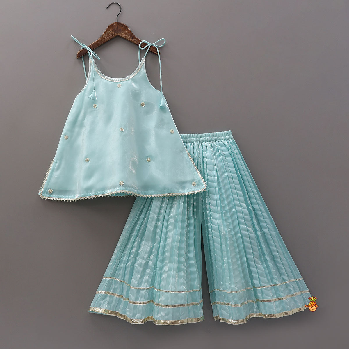 Sleeveless Sheen Elegant Kurti And Crushed Fabric Palazzo With Hair Tie