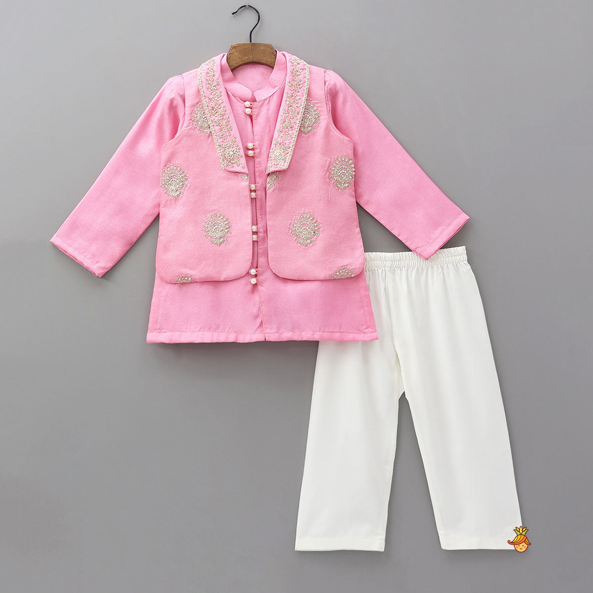 Loop Button Detail Kurta With Collar Neck Jacket And Pyjama