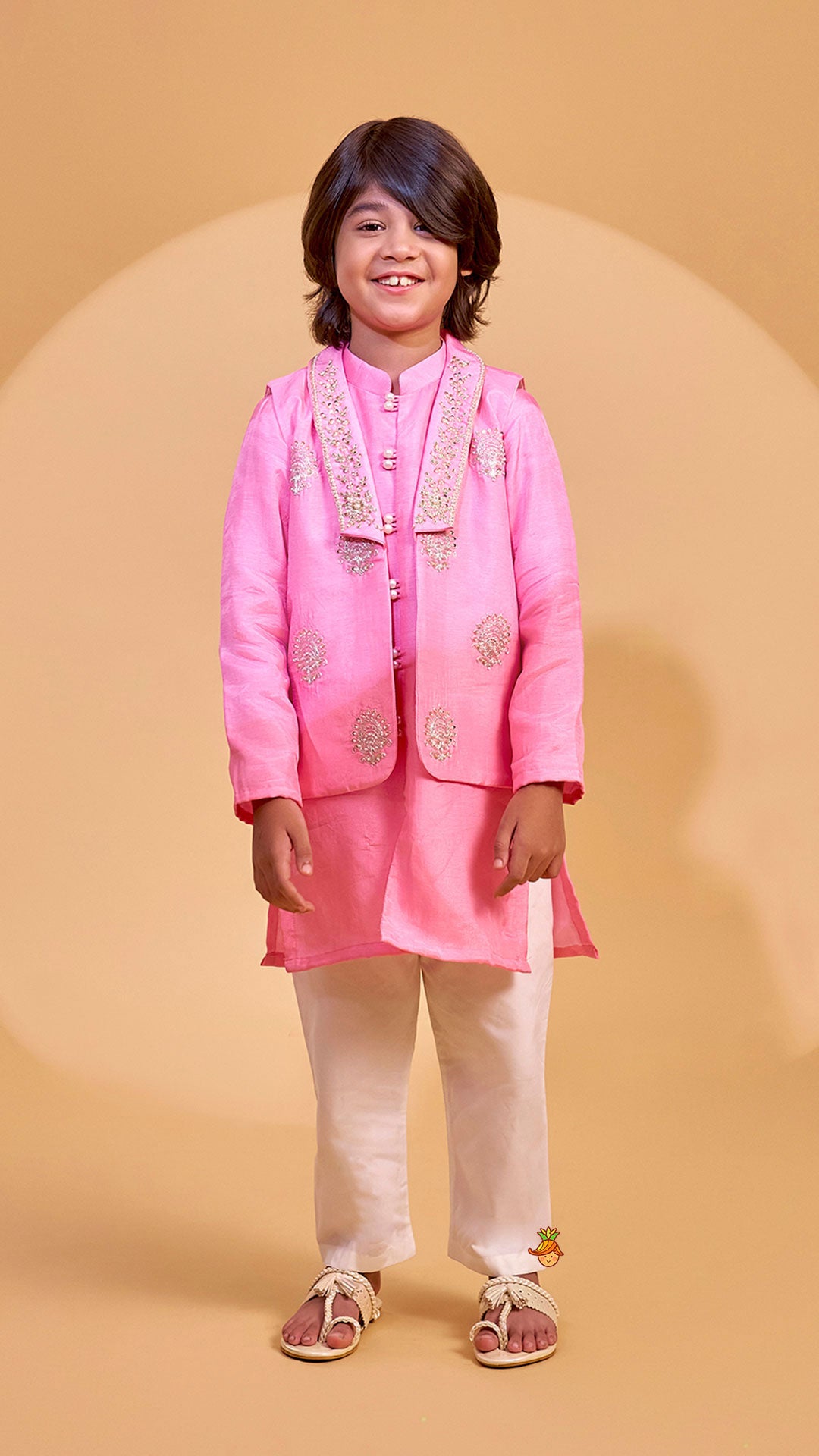 Loop Button Detail Kurta With Collar Neck Jacket And Pyjama